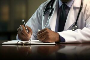 close up doctor writing medical doctor note on the table bokeh style background with Generative AI photo