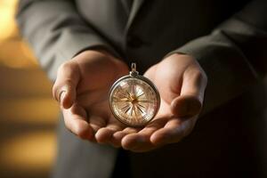 close up of businessman holding a clock time management concept bokeh style background with Generative AI photo