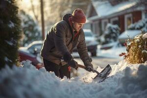 a man shoveling snow in front of his house in the winter season with Generative AI photo