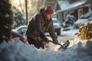 un hombre palear nieve en frente de su casa en el invierno temporada con generativo ai foto