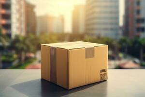 parcel post put on the street in front of the building background bokeh style background with Generative AI photo