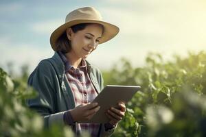 an agricultural woman smiles while working in a field with a tablet bokeh style background with Generative AI photo
