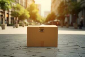 parcel post put on the street in front of the building background bokeh style background with Generative AI photo