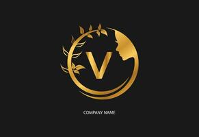 Beauty logo initial letter V with golden style color and leaf. Natural beauty logo template vector