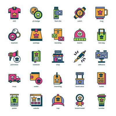 Brand Merchandise icon pack for your website design, logo, app, and user interface. Brand Merchandise icon filled color design. Vector graphics illustration and editable stroke.