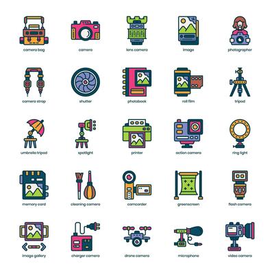 Photographer icon pack for your website design, logo, app, and user interface. Photographer icon filled color design. Vector graphics illustration and editable stroke.