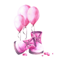 rosa luft ballon med bebis skor, tossor och lila ärtor vattenfärg bebis flicka ClipArt den är en flicka, nyfödd, kön avslöja eller Lycklig födelsedag fest hand dragen illustrationer png