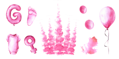 pasgeboren set, geslacht onthullen of verjaardag partij clip art set. lucht ballon roze spatten lichaam pak, voetafdruk, brief meisje en vrouw teken waterverf hand- getrokken illustratie png