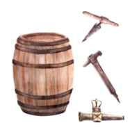 Wooden barrel with corkscrew, tap and hammer for wine, beer, cognac and other alcoholic beverages. Hand drawn watercolor illustration  For drink menu, winemaking, wine list png