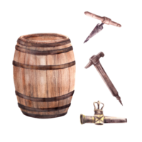 de madera barril con sacacorchos, grifo y martillo para vino, cerveza, coñac y otro alcohólico bebidas mano dibujado acuarela ilustración para bebida menú, vinificación, vino lista png