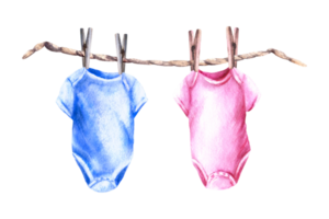 Baby pink and blue bodysuit with clothesline and clothes pegs. He or she, boy or girl. Watercolor hand draw illustration. Set for birthday, newborn, gender reveal party, print png