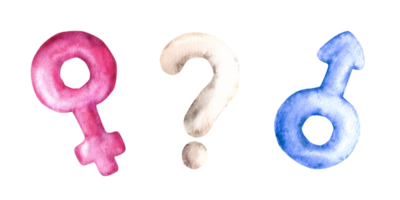 Male or female hand draw illustration sign with question air ballon. Gender symbols watercolor illustration hand draw set. He or she, gender reveal, baby birthday, newborn party design. png