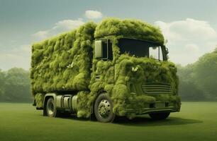 Truck made from grass on a green field. AI Generated photo