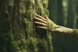 mujer mano suavemente conmovedor un cubierto de musgo árbol trompa. ai generado foto