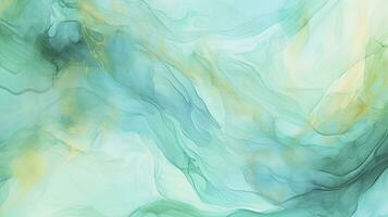 Cyan Mint and Teal Turquoise Marbled Background with Golden Lines and Brush Stains. AI Generated photo