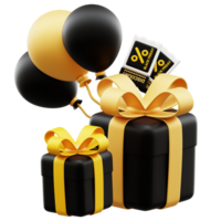 3d icono globos y regalo caja negro viernes descuento compras. png