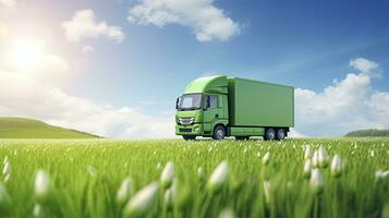 Green Truck Eco-Friendly Transportation Concept on Spring Meadow. AI Generated photo