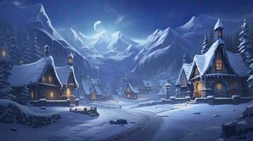 Navidad víspera en un Nevado pueblo con cubierto de hielo montañas. ai generado foto