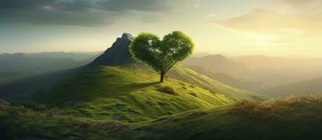 Heart-Shaped Tree on Green Pasture for Valentine's Day. AI Generated photo