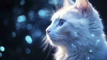 Dark Romantic Close-Up Shots of a White Cat in Blue. AI Generated photo