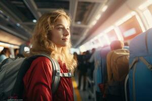 female backpacker traveler passenger Smiling in the airport in front of the crowd people bokeh style background with Generative AI photo