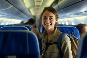 female backpacker traveler passenger Smiling in the airport in front of the crowd people bokeh style background with Generative AI photo