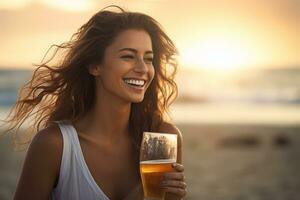 mujer sonriente y participación un cerveza a el playa bokeh estilo antecedentes con generativo ai foto