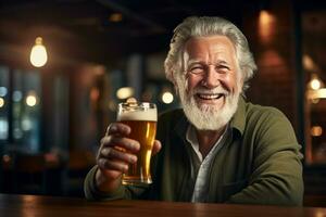 happy old man holding a beer on the bar counter bokeh style background with Generative AI photo