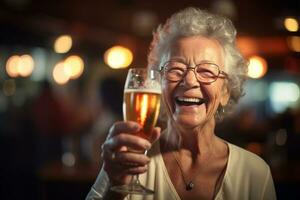 happy old woman holding a beer on the bar counter bokeh style background with Generative AI photo