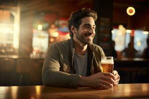 happy man holding a beer on the bar counter bokeh style background with Generative AI photo