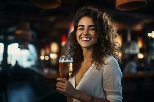 happy women holding a beer on the bar counter bokeh style background with Generative AI photo