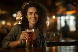 happy women holding a beer on the bar counter bokeh style background with Generative AI photo