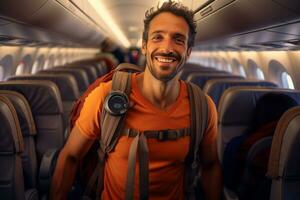 male backpacker traveler passenger Smiling on the plane in front of the passenger seat bokeh style background with Generative AI photo