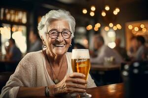 happy old woman holding a beer on the bar counter bokeh style background with Generative AI photo