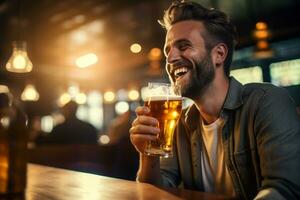 happy man holding a beer on the bar counter bokeh style background with Generative AI photo