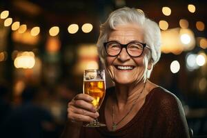 happy old woman holding a beer on the bar counter bokeh style background with Generative AI photo