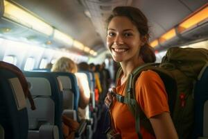 female backpacker traveler passenger Smiling on the plane in front of the passenger seat bokeh style background with Generative AI photo