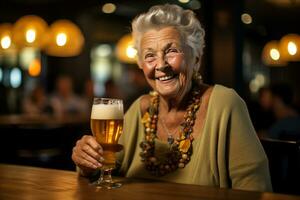 happy old woman holding a beer on the bar counter bokeh style background with Generative AI photo