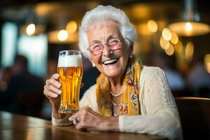 happy old woman holding a beer on the bar counter bokeh style background with Generative AI photo