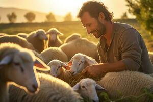 A shepherd farmer man feed a group sheep bokeh style background with Generative AI photo