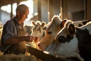 farmer man pasthuring cows in his farm bokeh style background with Generative AI photo