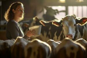 farmer woman pasthuring cows in her farm bokeh style background with Generative AI photo