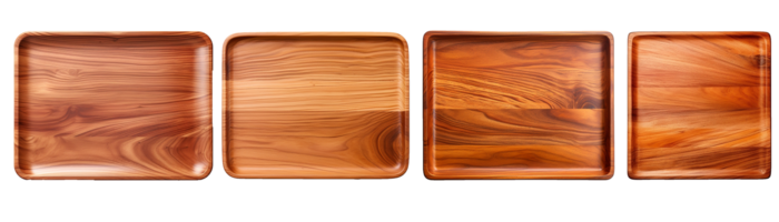 Set of top view rectangle wooden tray. Wood kitchen rectangle board. Wooden plates mock up, top view, for product display. Isolated on transparent background. Generative AI png