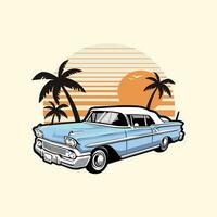 Classic Car in Beach Sunset Vibes Vector Art Illustration. Best for Automotive Tshirt Design