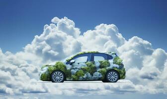 Respetuoso del medio ambiente coche y naturaleza en un azul cielo con nubes inspirado en la naturaleza transporte. ai generado foto