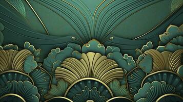 Luxurious Green Summer Background with Golden Metallic Wall Art Wallpaper. AI Generated photo