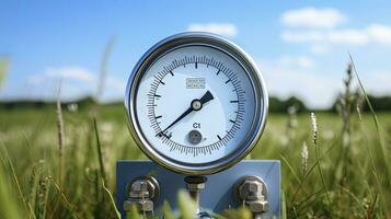 Pressure Gauges Against a Grassy Field with Light Gray and Azure Molecular Background. AI Generated photo