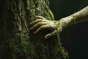 Woman's Hand Gently Touching a Moss-Covered Tree Trunk. AI Generated photo
