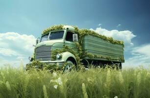 futurista verde camión estacionado en césped debajo azul cielo. ai generado foto