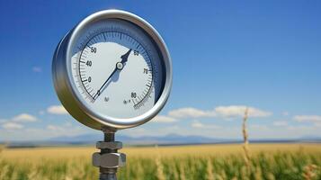 Pressure Gauge in the Field with Blue Sky Background. AI Generated photo